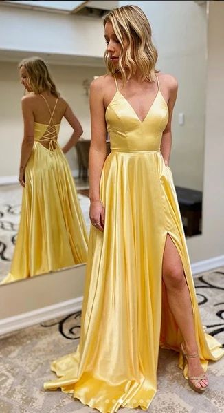 Yellow Simple Prom Dress with Lace up back Long Prom Dresses 8th Dress HZ1023